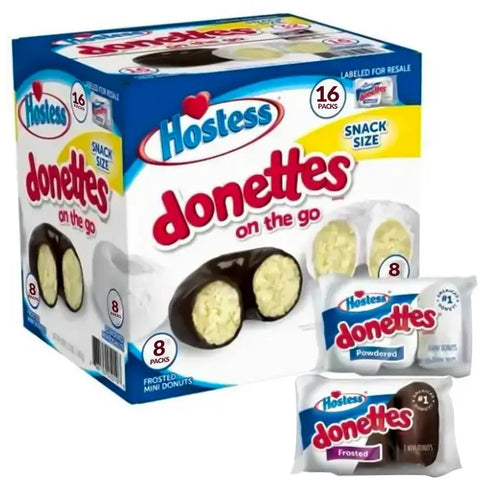Hostess Donettes Variety Pack Donuts, Snack Size, 1.5 oz - Powdered, Frosted, and Crunch Mini Donuts, Perfect for On-the-Go Snacking, Parties, or Lunchboxes, Convenient Single-Serve Packs for Freshness